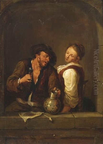 A Couple Drinking And Smoking In An Arched Window - view 1