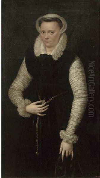 Portrait Of A Lady In A Black Tunic With White Lace Sleeves, With A Gold Chain - view 1