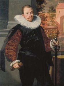 Portrait Of Cornelis Jorisz. Roodhoorn In A Black Slashed Doublet With Brown Sleeves And A Ruff, A Sword In One Hand And Gloves In The Other, Standing On A Terrace Overlooking A Walled Garden