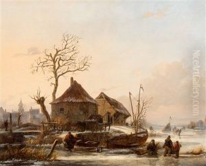 Travellers And Iceskaters On The Ice With Koek-en-zopie Stand In The Background by Abraham Van Der Wayen Pieterszen