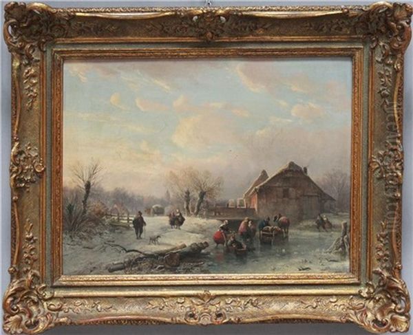 Winterlandschaft In Der Dammerung Mit Schlittschuhlaufern Auf Einem Zugefrorenen Kanallauf - view 1