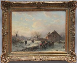 Winterlandschaft In Der Dammerung Mit Schlittschuhlaufern Auf Einem Zugefrorenen Kanallauf