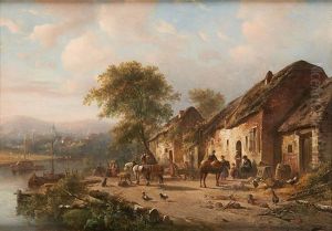 La Halte Devant La Ferme Au Bord Du Cours D'eau by Abraham Van Der Wayen Pieterszen