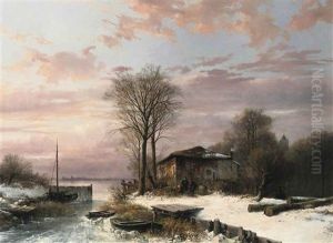 A Winter Landscape With Figures Near A House On The Frozen Waterfront