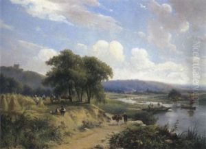 Sommerliche Fluslandschaft Mit Erntearbeitern Und Flusbooten