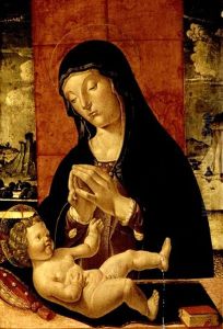 The Madonna Adoring The Christ Child, A Landscape Beyond by Pietro da Vicenza