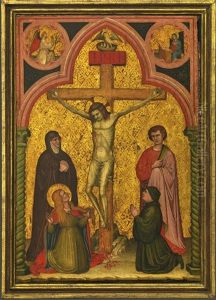 The Crucifixion With Saints Mary, John And Mary Magdelene And A Donor; The Annunciation In The Spandrels Above by Antonio de Pietro
