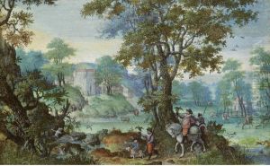 A Wooded Valley, With A Hawking Party In The Foreground And Huntsmen And A Castle Behind