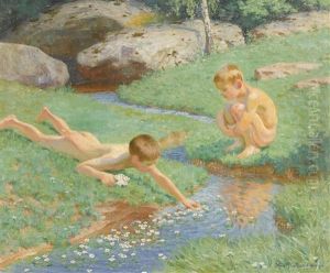 Sommertag Mit Zwei Knaben Am Bach
