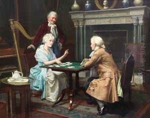 Interior With Georgian Lady And Gentleman Playing Cards by Harold Piffard