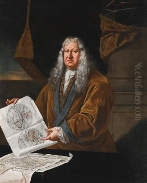 Portrait Of A Cartographer, Standing In An Interior, Holding A Map Of The World - view 1