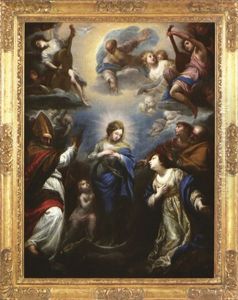 La Vierge En Gloire Avec Sainte Catherine D'alexandrie, Saint Etienne, Un Evangeliste Et Un Saint Eveque (saint Nicolas?) by Simone Pignoni