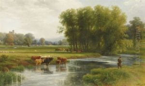 A View Of Haddon Hall, Derbyshire, With A Fisherman On The River Wye And Highland Cattle In The Foreground
