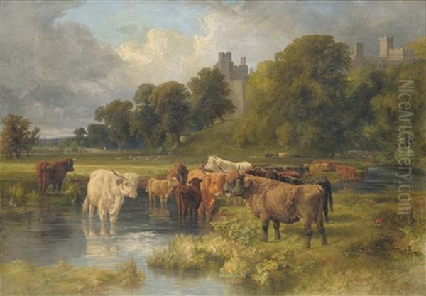Cattle Grazing Near The River Wye, Haddon Hall Beyond - view 1