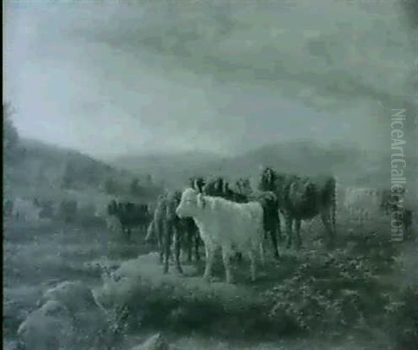 Cattle By A Stream In A Highland Landscape - view 1