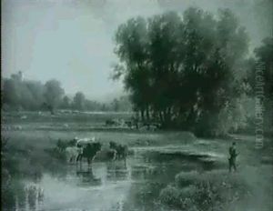 A Figure Fishing And Cattle Grazing By The River Before Haddon Fall by Walter Henry Pigott