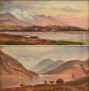 Pair Of Paintings, Boat On A Lake And Cattle By A Lake