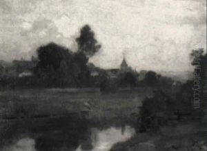 Flusslandschaft Mit Ansicht Eines Dorfes by Rodolphe Piguet