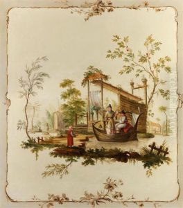 Chinoiserie Figures In A Boat Beside A Garden Pavilion