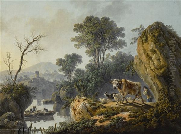 A River Landscape With A Shepherd, A Bull, Goat And Sheep In The Foreground, Fishermen In A Boat Beyond - view 1