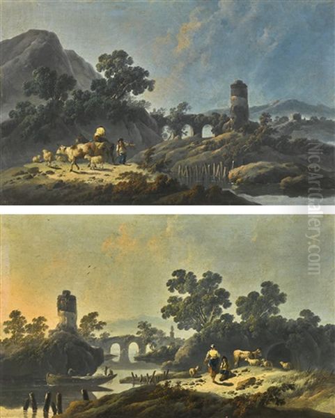 Rocky Landscape At Dawn With A Herdsman And His Livestock On A Path; River Landscape At Dusk With Fishermen On The River And A Girl And Herdsman Conversing On The Bank - view 1