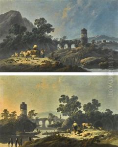 Rocky Landscape At Dawn With A Herdsman And His Livestock On A Path; River Landscape At Dusk With Fishermen On The River And A Girl And Herdsman Conversing On The Bank by Jean-Baptiste Pillement
