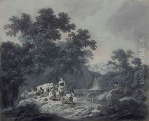 Bergers Et Bergere Avec Leur Troupeau Pres D"une Cascade (2 Works) by Jean-Baptiste Pillement