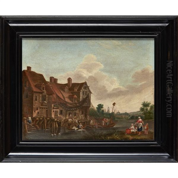 Washerwomen And Fishermen By A Riverside House - view 1