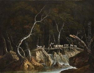 Evening Landscape With Homecoming Shepherds On A Wooden Bridge Over A Waterfall
