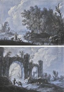 Landscapes, One With Figures Fishing, The Other With Figures Beside Ruins by Jean-Baptiste Pillement