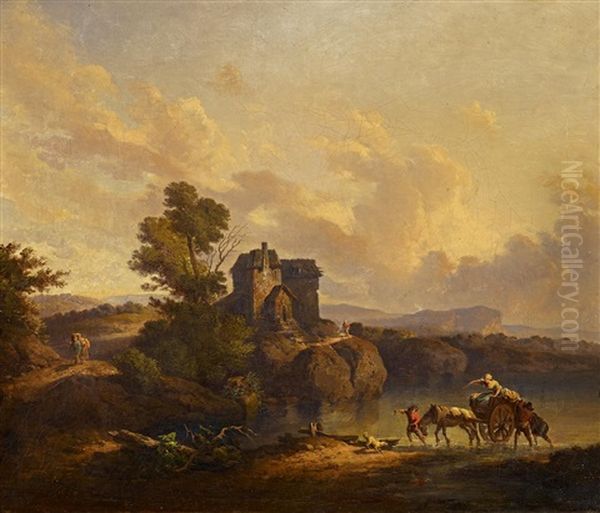 Franzosische Landschaft Mit Pferdekarren Am Seeufer - view 1