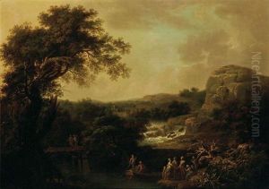 Elegant Figures In A River Landscape by Jean-Baptiste Pillement