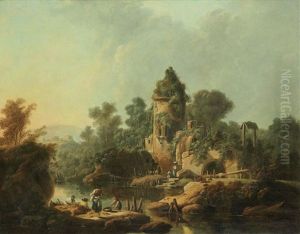 Figures Fishing In A River Landscape Figures Fishing In A River Landscape