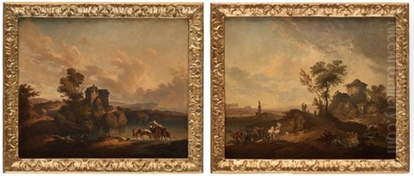River Landscapes With Figures And Horses (pair) - view 1