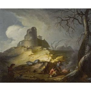 Abendliche Landschaft Mit Burgruine Und Lagerfeuer
