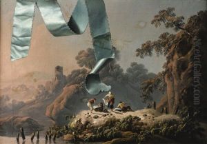 Trompe L'oeil Au Ruban Turquoise Devant Un Paysage De La Campagne Portuguaise