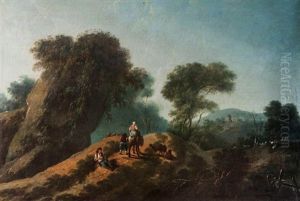 Paysage Boise Au Rocher Avec Bergers En Chemin by Jean-Baptiste Pillement