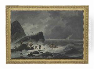 A Rocky Coastal Landscape With Shipwrecked Figures In A Storm, The Masts Of The Ship Beyond by Jean-Baptiste Pillement