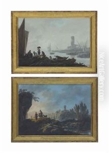 A View Of The River Tagus With Fisherfolk On The Shore, And A Tower Beyond; And A Rocky River Landscape At Sunset With Shepherds And Shepherdesses With Their Flock by Jean-Baptiste Pillement