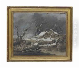 A Winter River Landscape With Peasants Gathering Wood, A Hamlet Beyond