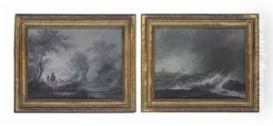 A Rocky Landscape With Herdsmen By A River; And A Stormy Seascape With A Shipwreck (2 Works) by Jean-Baptiste Pillement