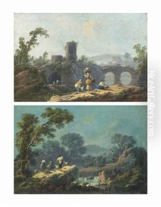 An Italianate Landscape With Washerwomen By A River, Mountains Beyond; And An Italianate Wooded Landscape At Dusk, With Herdsmen And Their Flock Near A Waterfall, Mountains Beyond by Jean-Baptiste Pillement
