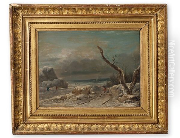 Verschneite Kustenlandschaft Mit Reisigsammlern Und Vogeljager - view 1