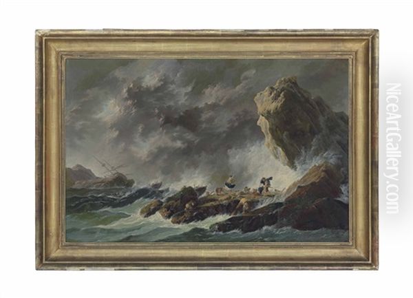 A Rocky Coastal Landscape With A Shipwreck In A Storm And Figures On The Shore by Jean-Baptiste Pillement
