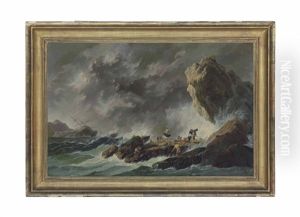 A Rocky Coastal Landscape With A Shipwreck In A Storm And Figures On The Shore by Jean-Baptiste Pillement
