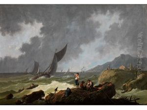 Kustenszene Mit Fischerbooten In Aufgewuhlter See Und Eine Gruppe Fischer Am Strand by Jean-Baptiste Pillement
