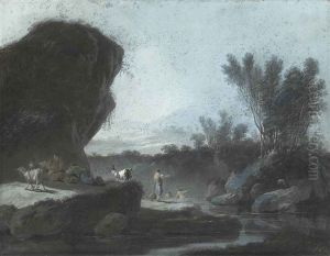 A Pastoral Landscape With Bathers; A Pastoral Landscape With A Herdsman Crossing A Bridge (pair) by Jean-Baptiste Pillement