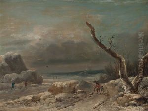 Verschneite Kustenlandschaft Mit Reisigsammlern Und Vogeljager by Jean-Baptiste Pillement