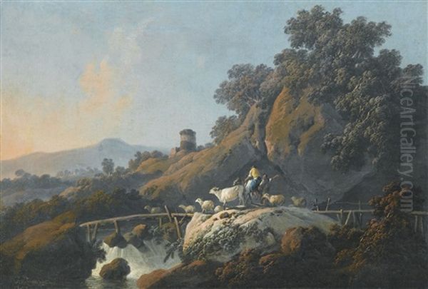 Landscape With A Mounted Shepherd And His Flock Crossing A Wooden Bridge Over A Waterfall - view 1