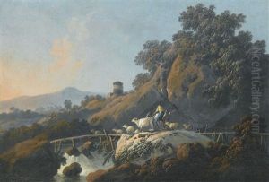 Landscape With A Mounted Shepherd And His Flock Crossing A Wooden Bridge Over A Waterfall by Jean-Baptiste Pillement